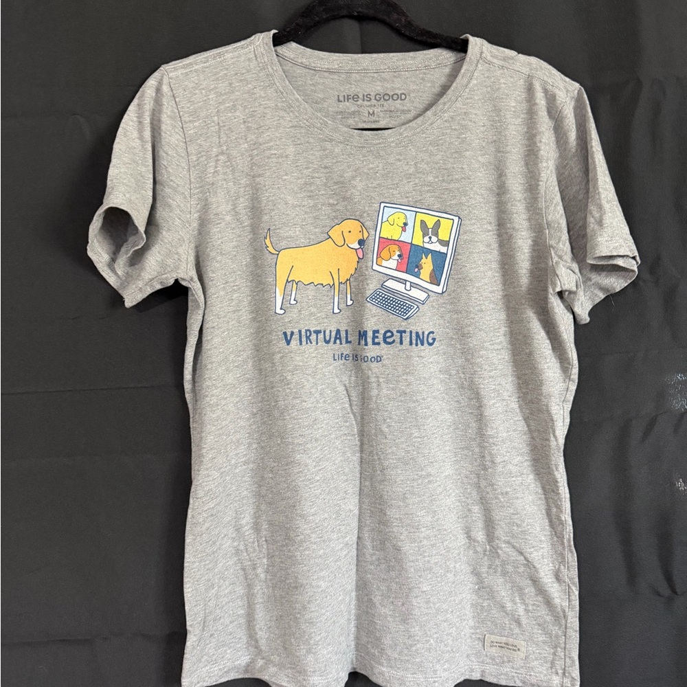 Life Is Good Heather Gray Dog Tee with Virtual Meeting Design